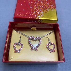Vtg Avon Candy Cane Heart 18”Necklace & Dangle Earrings Set In New Original Box